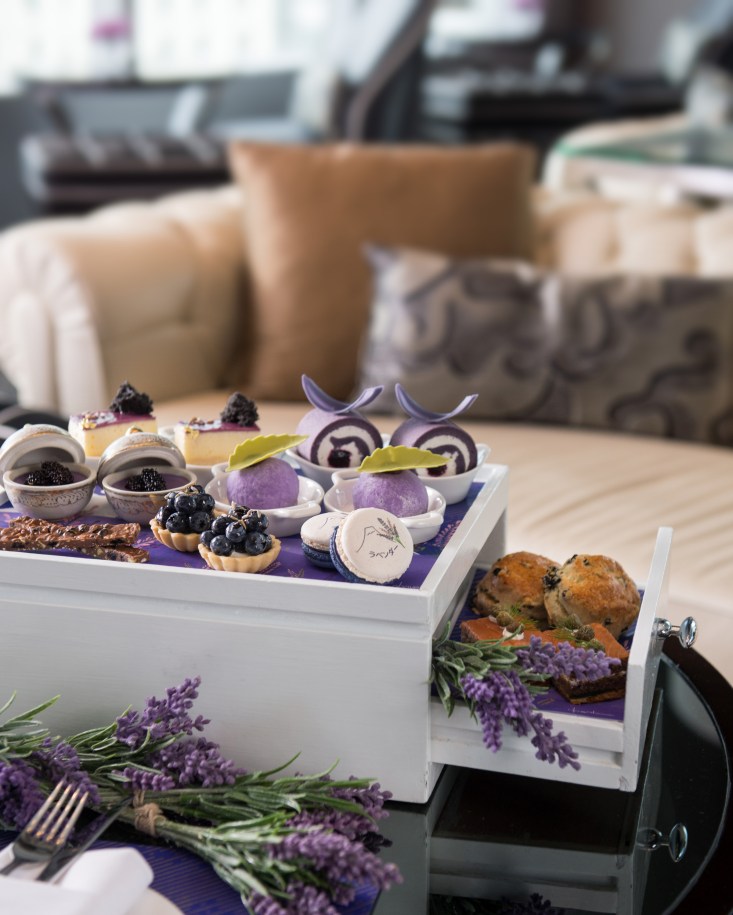 Lavender afternoon tea set, Okura Prestige Bangkok hotel, best luxury hotel Bangkok, www.BarefootLuxe.net